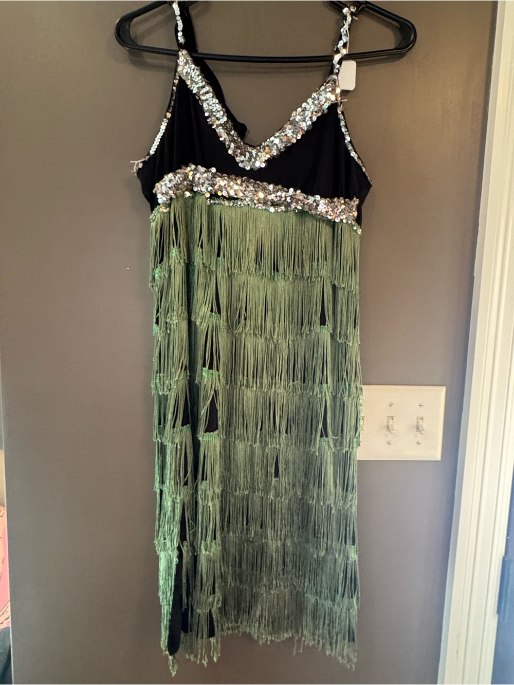 VTG Fringe Sequin V-Neck Dress in Green and Black